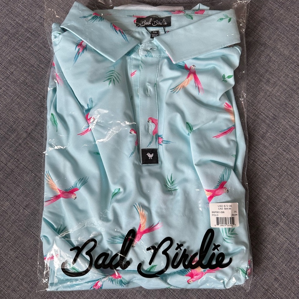 Bad Birdie Men's ‘Macaw’ Blue Parrot Print Polo Golf Shirt - Picture 4 of 4